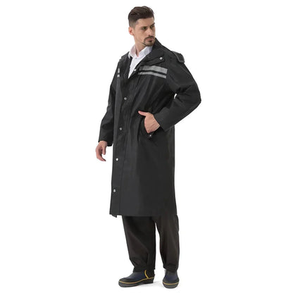 Men's long waterproof raincoat in black, made from premium Oxford cloth with a thick lining for warmth and protection against rain and wind.