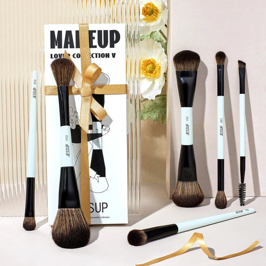 Premium makeup brush set with dual-ended design for flawless foundation, contour, blush, and eyeshadow application