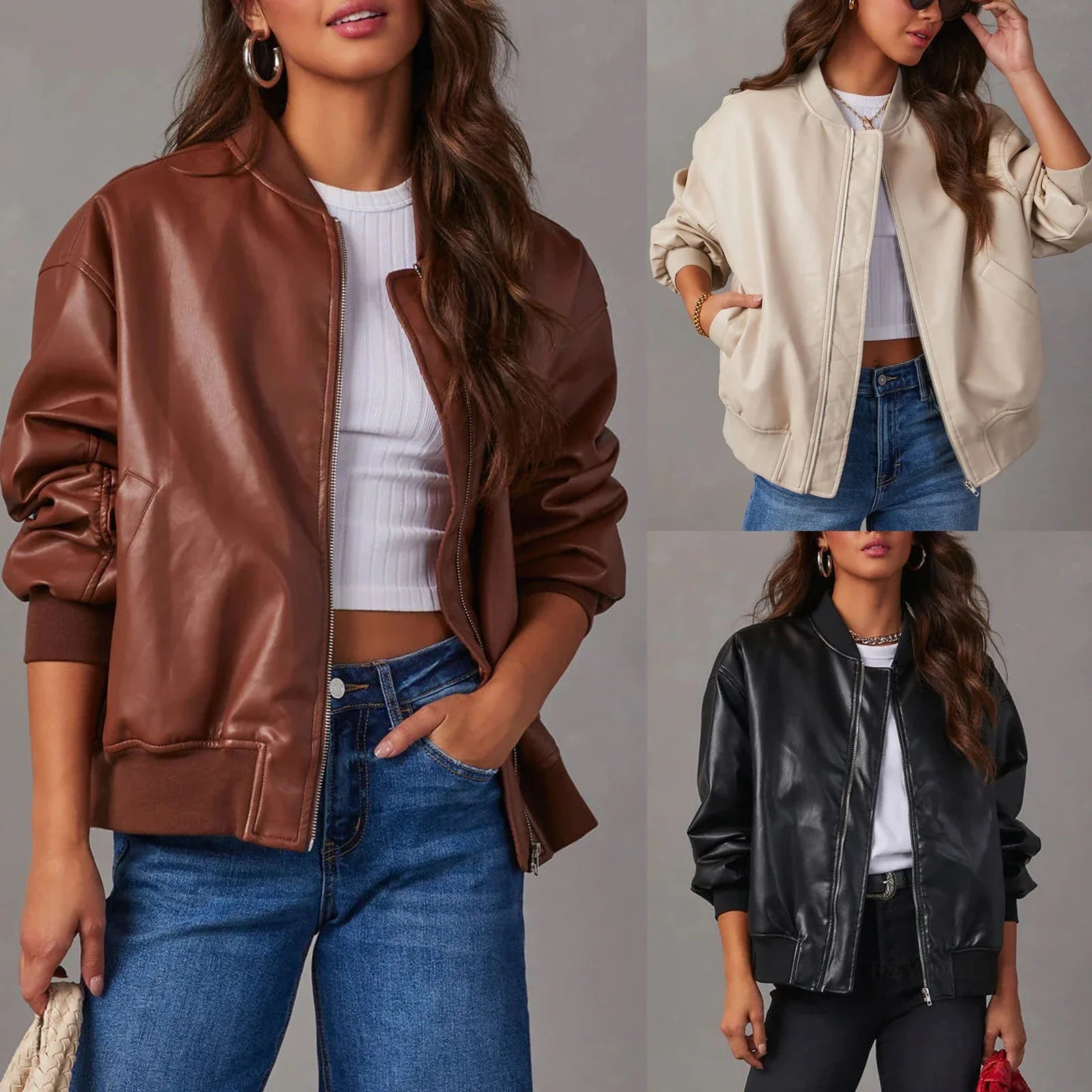 Stylish leather baseball jacket with Peter Pan collar, perfect for casual British streetwear