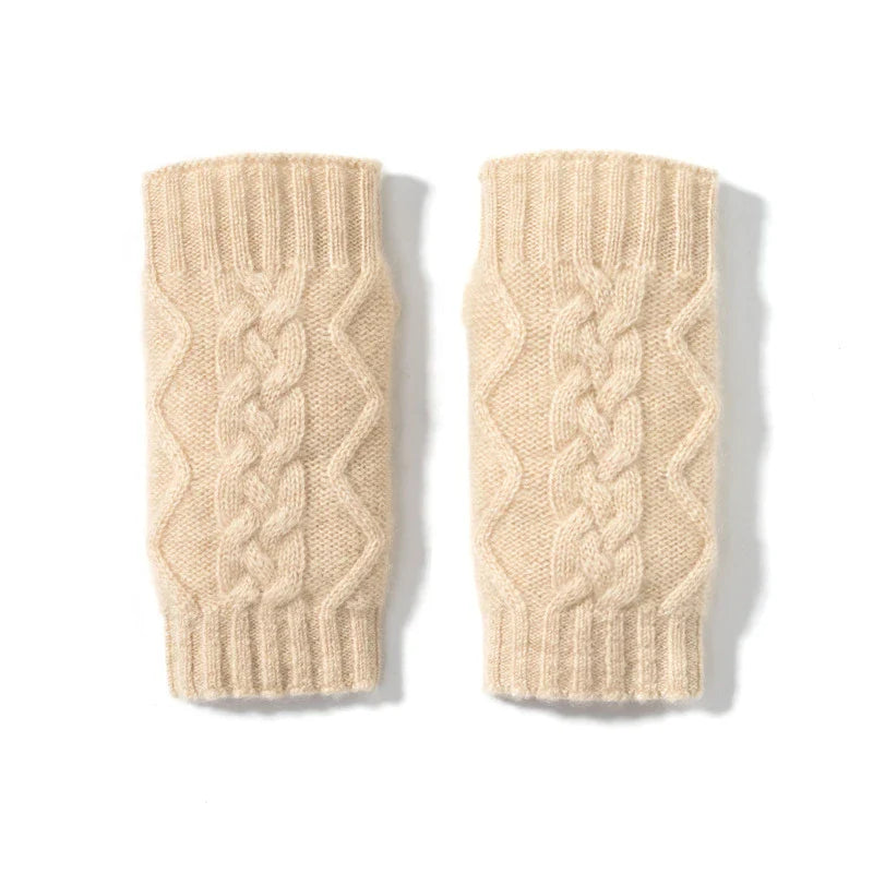 Luxurious cashmere gloves in beige and camel colours, showcasing a unique twist design for a stylish, streamlined silhouette
