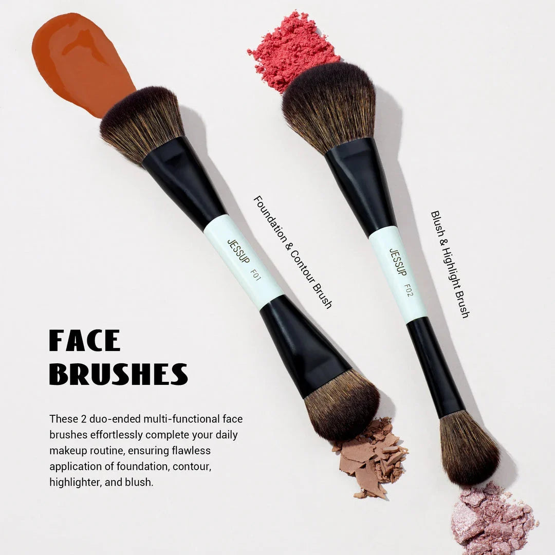 Premium makeup brush set with dual-ended design for flawless foundation, contour, blush, and eyeshadow application