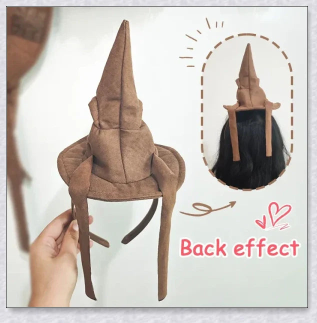 Sortband Halloween Witch Hat Headband in red, green, and brown colours with a detachable witch hat design