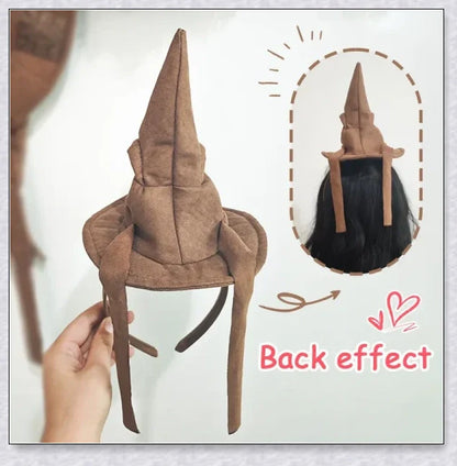 Sortband Halloween Witch Hat Headband in red, green, and brown colours with a detachable witch hat design