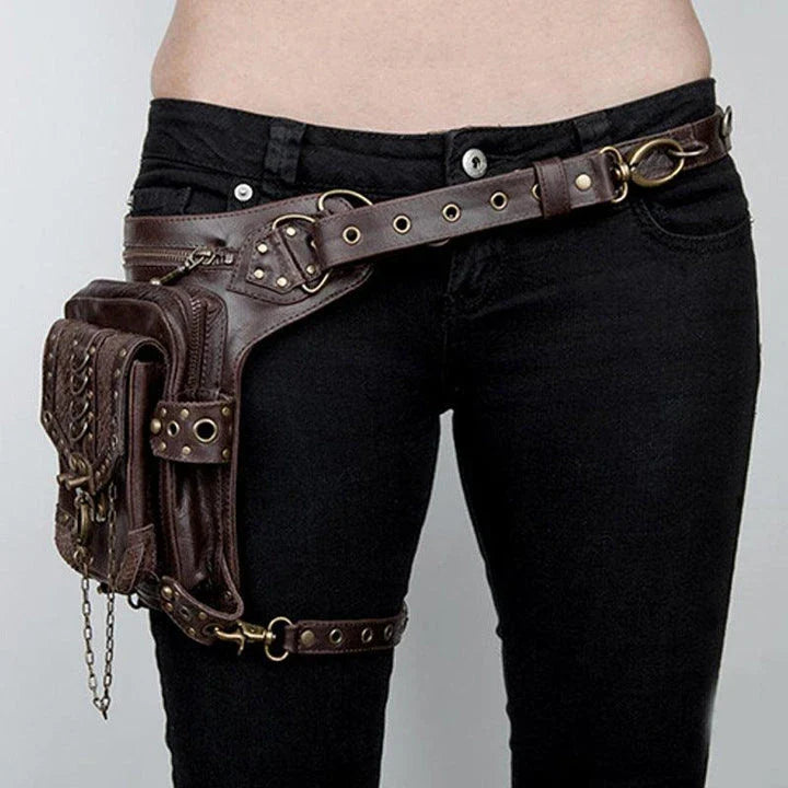 Stylish mini crossbody bag in brown colour with punk-rock inspired design, perfect for hands-free urban adventures