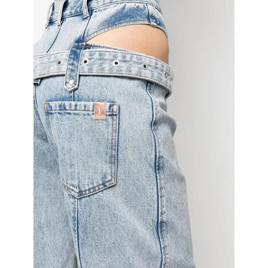 High-waist denim trousers with chic cutout design, perfect for British fashion enthusiasts
