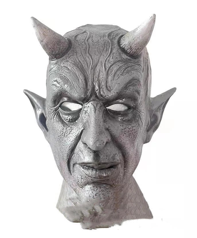 A close-up view of a black latex mask with twisted, menacing horns, creating a fearsome demonic appearance for Halloween costumes and parties.