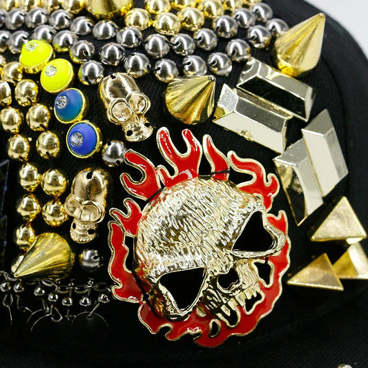 Stylish Ghost Head Baseball Cap with Rivets - Adjustable, Flat Brim, Premium Cotton-Polyester Blend