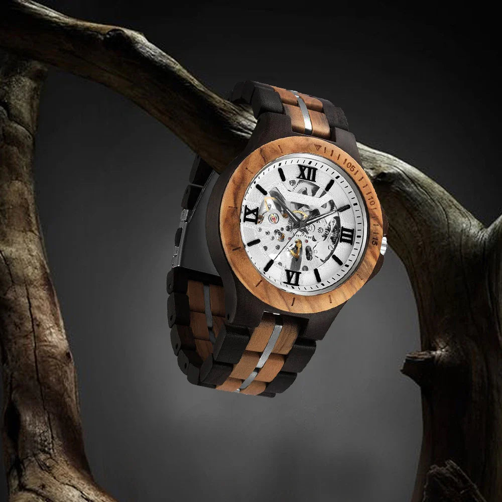 Premium handcrafted wooden automatic watch with intricate mechanical movement and natural wood strap