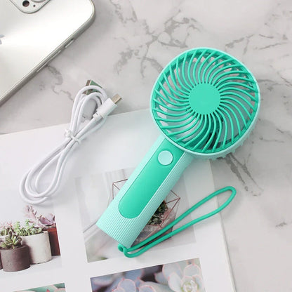 Mini Handheld USB Rechargeable Fan with 3 wind speed settings, rechargeable battery, and integrated night light