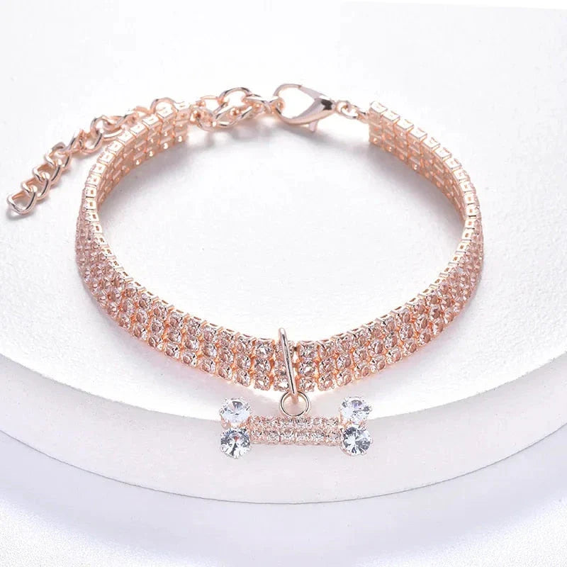 Luxury adjustable pet collar with sparkling zircon bone pendant in silver, gold, and rose gold colours
