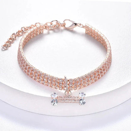 Luxury adjustable pet collar with sparkling zircon bone pendant in silver, gold, and rose gold colours