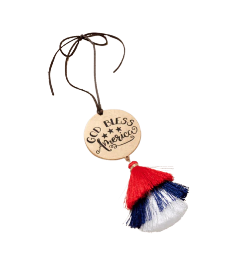 God Bless America Car Charm with Vibrant Red and Blue Tassels, Crafted with Premium Materials for Long-Lasting Use