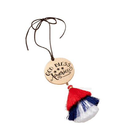 God Bless America Car Charm with Vibrant Red and Blue Tassels, Crafted with Premium Materials for Long-Lasting Use