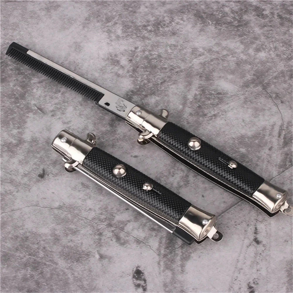 Butterfly Knife Style Folding Comb - A stylish and functional metal comb with a folding design inspired by the butterfly knife