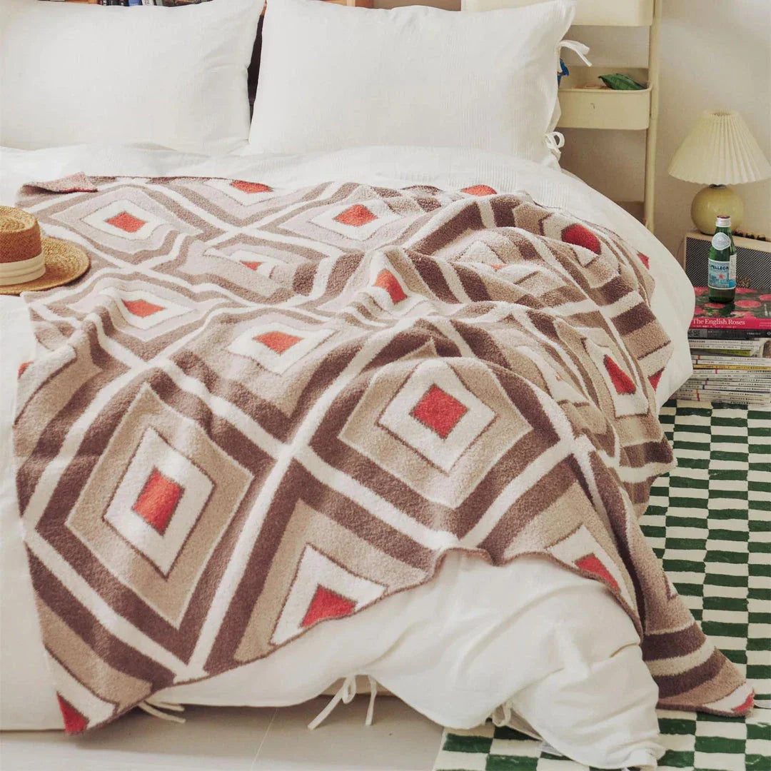 Luxurious Plaid Throw Blanket in Khaki, a cosy and stylish microfibre blanket with a vibrant Mediterranean-inspired design