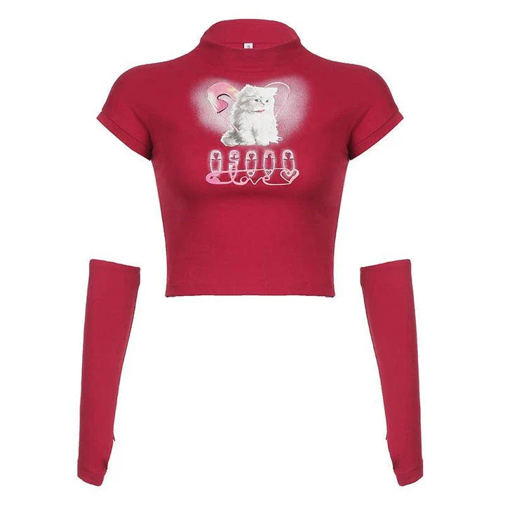 Stylish cropped t-shirt featuring a bold cat print design in a slim, flattering fit for trendy street style