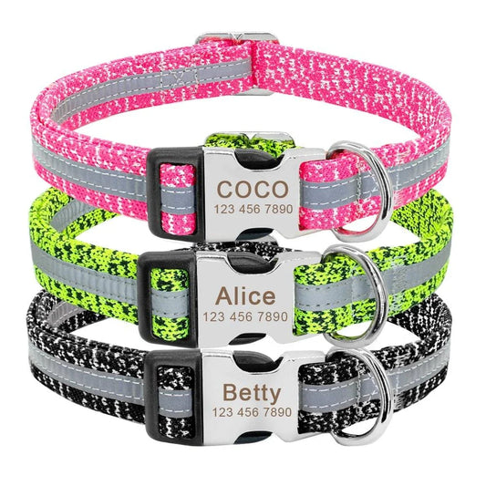 A stylish and reflective dog collar made from high-quality nylon material for enhanced visibility and safety.