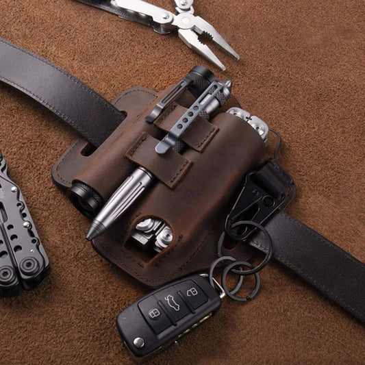 Premium British leather tool carrier with multiple compartments and adjustable strap for hands-free carrying