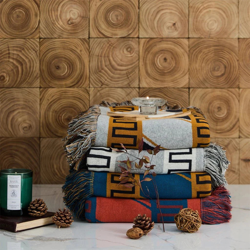 Elegant Bohemian Geometric Pattern Blanket made from premium cotton with luxurious fringes, available in various colours