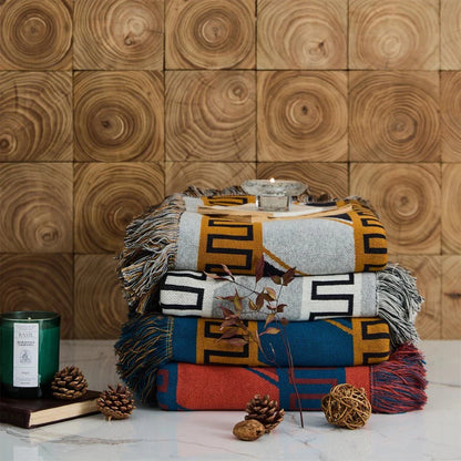 Elegant Bohemian Geometric Pattern Blanket made from premium cotton with luxurious fringes, available in various colours