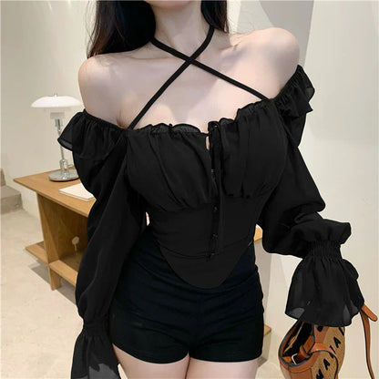 Elegant chiffon shirt with stylish ruffled neckline, available in white, black, and coffee colours