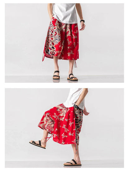 Men's loose-fitting Chinese-inspired cropped pants with a dragon or elephant floral pattern in navy blue, red, or coffee colours