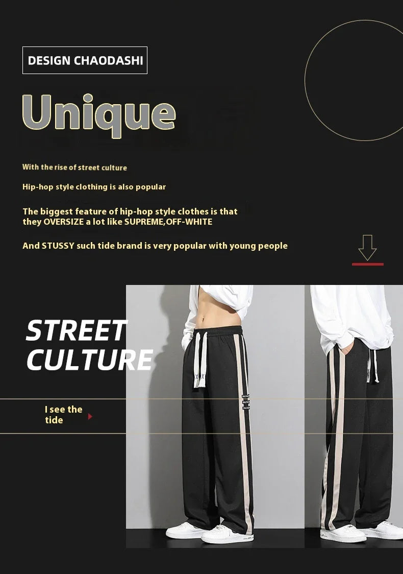 Comfortable striped straight-leg casual trousers in various colours and sizes