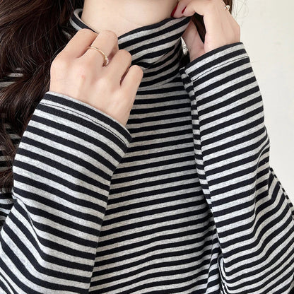 Premium half-high neck striped long-sleeve t-shirt in grey and black, made with high-quality British cotton for ultimate comfort and style.