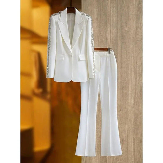 Elegant British designer women's suit set with beaded blazer and flare pants in white