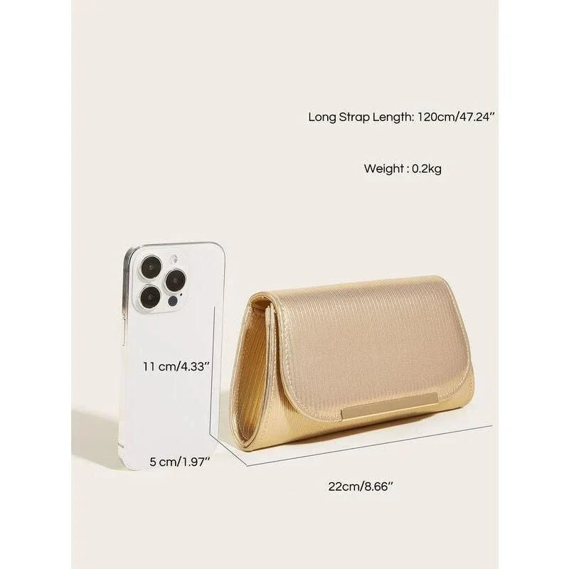 Elegant shiny striped PU leather evening clutch bag with long chain, perfect for formal events and everyday use
