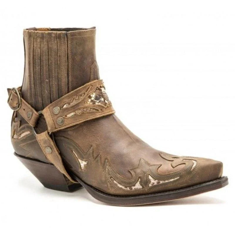 Premium quality men's mid-heel pointed toe knight boots in black, coffee, brown, and reddish brown colours