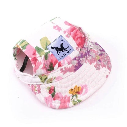 A stylish canvas pet cap with vibrant animal-themed prints, designed for comfort and fashion-forward canine companions.