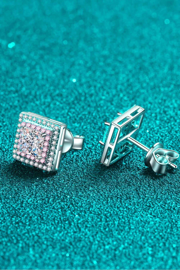 Moissanite square stud earrings in 925 sterling silver with platinum plating