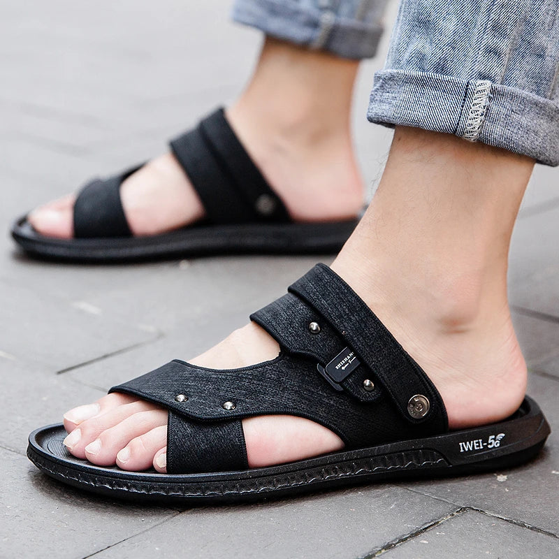 Premium British-made beach sandals with breathable PU upper, non-slip rubber sole, and adjustable buckle closure
