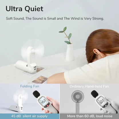 Portable Mini Handheld Fan with 4500mAh battery, 3 speed settings, power bank, and flashlight