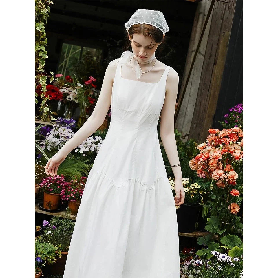 Elegant French White Suspender Long Dress with a relaxed A-line silhouette and premium cotton fabric