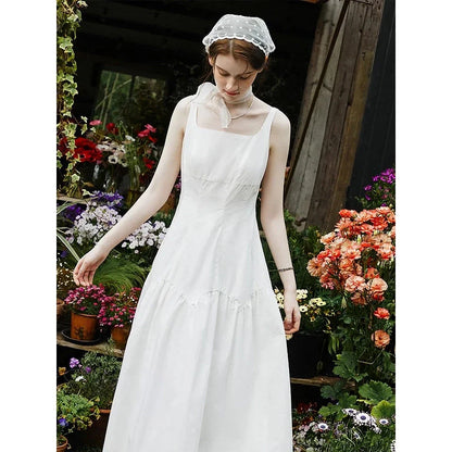 Elegant French White Suspender Long Dress with a relaxed A-line silhouette and premium cotton fabric