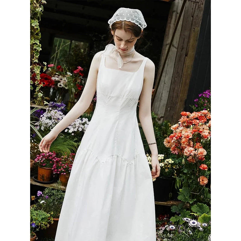 GiftHome UK Elegant French White Suspender Long Dress for Effortless Summer Style