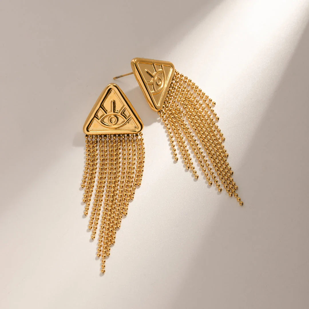 Elegant 18K gold-plated stainless steel triangle drop earrings with a captivating Devil's Eye fringe design