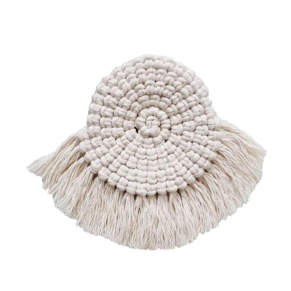 Elegant Boho Macrame Coaster in Timeless White, featuring a unique and artisanal design that adds a touch of rustic charm to any living space.