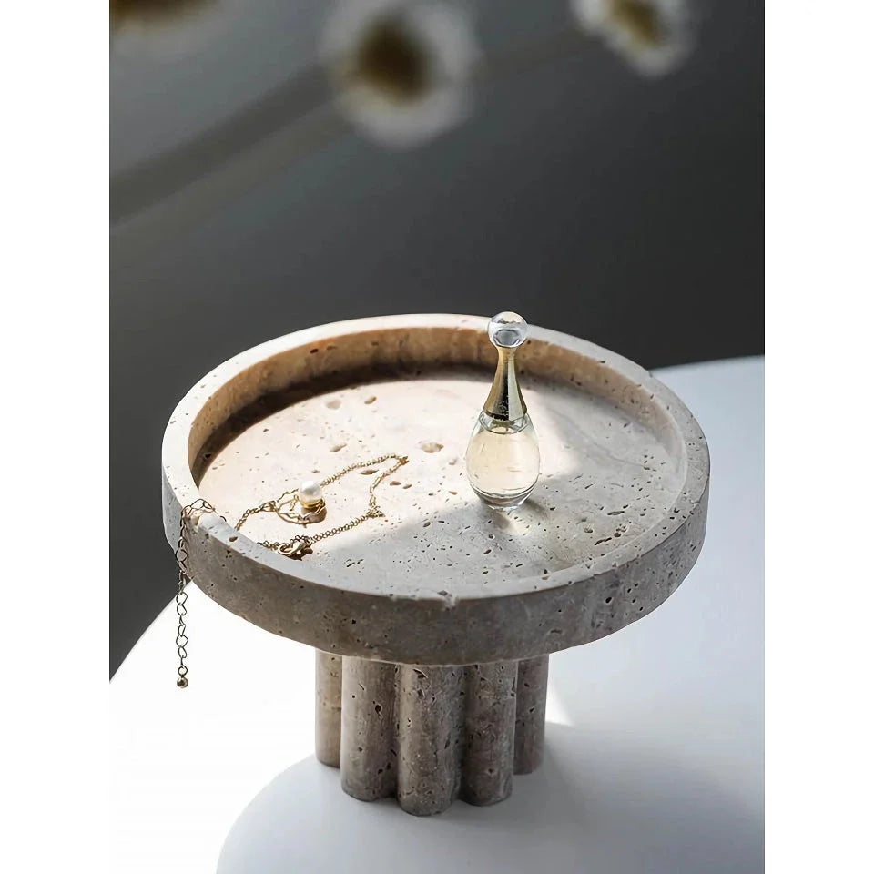 Elegant natural travertine marble serving tray with wooden legs, showcasing unique patterns and a smooth, hand-polished surface for serving, organising, and displaying.