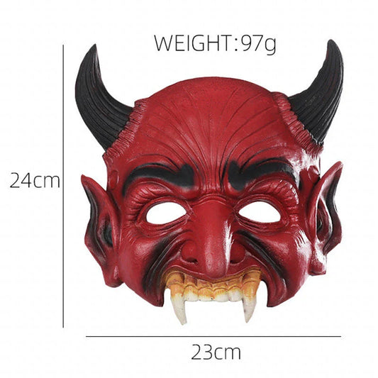A chilling Halloween mask with long, twisted horns and a fearsome, ghostly expression, crafted from premium acrylic materials.
