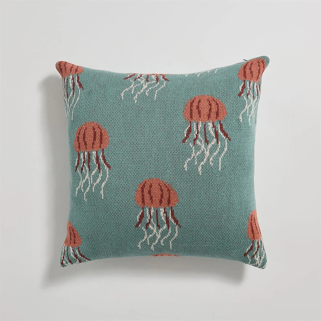 Elegant jellyfish pattern knitted cotton cushion cover in grey and green colours