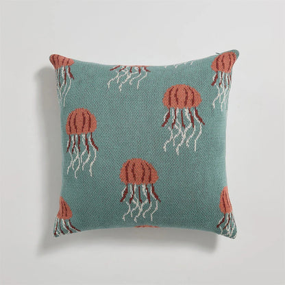 Elegant jellyfish pattern knitted cotton cushion cover in grey and green colours