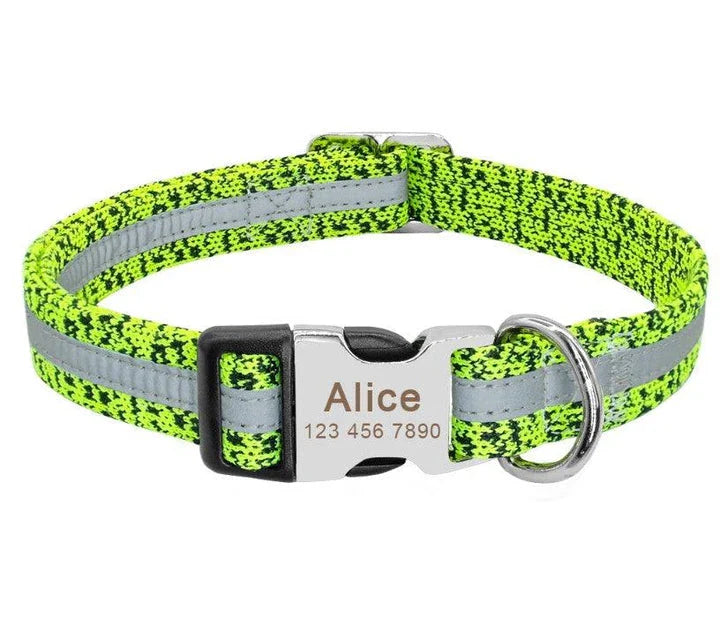 A stylish and reflective dog collar made from high-quality nylon material for enhanced visibility and safety.