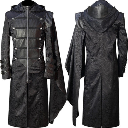 Black stand collar leather gothic cape coat with a flowing, dramatic silhouette