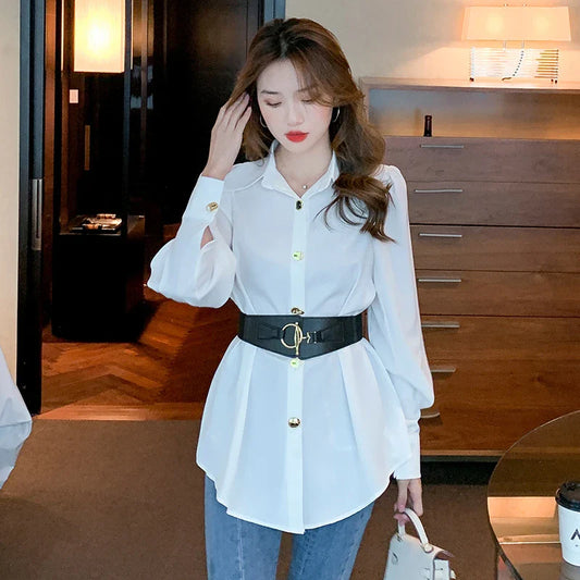 Elegant long sleeve women's blouse with metal buckle belt in white and black colours