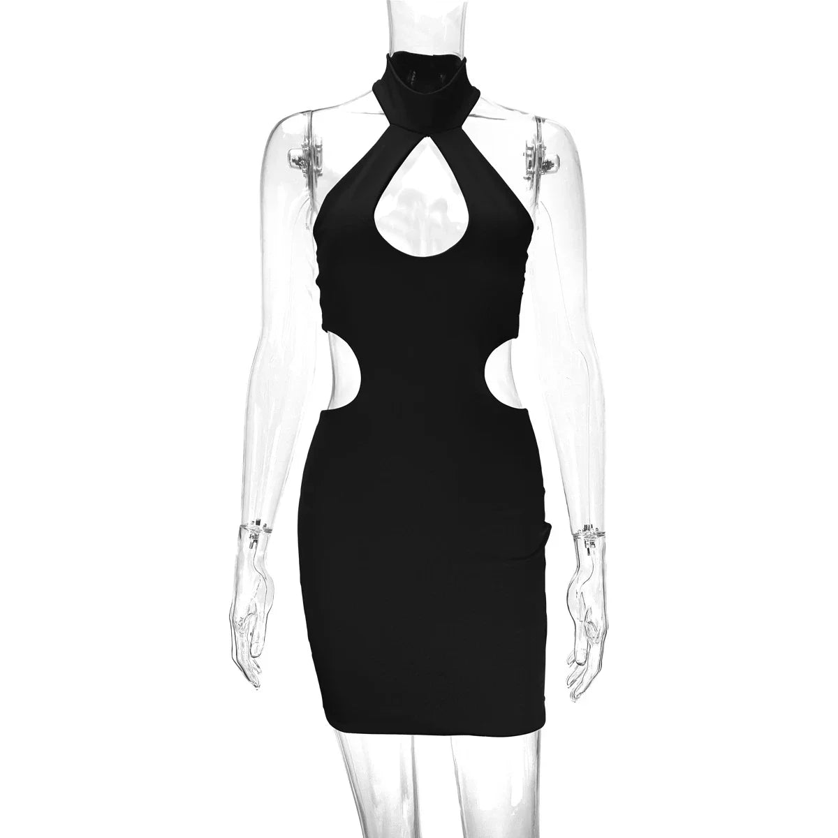 A chic backless halter dress made from premium milk silk with cut-outs at the hips, perfect for formal or semi-formal events.