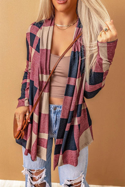 A stylish plaid open-front cardigan in a relaxed, comfortable silhouette for versatile British-inspired fashion