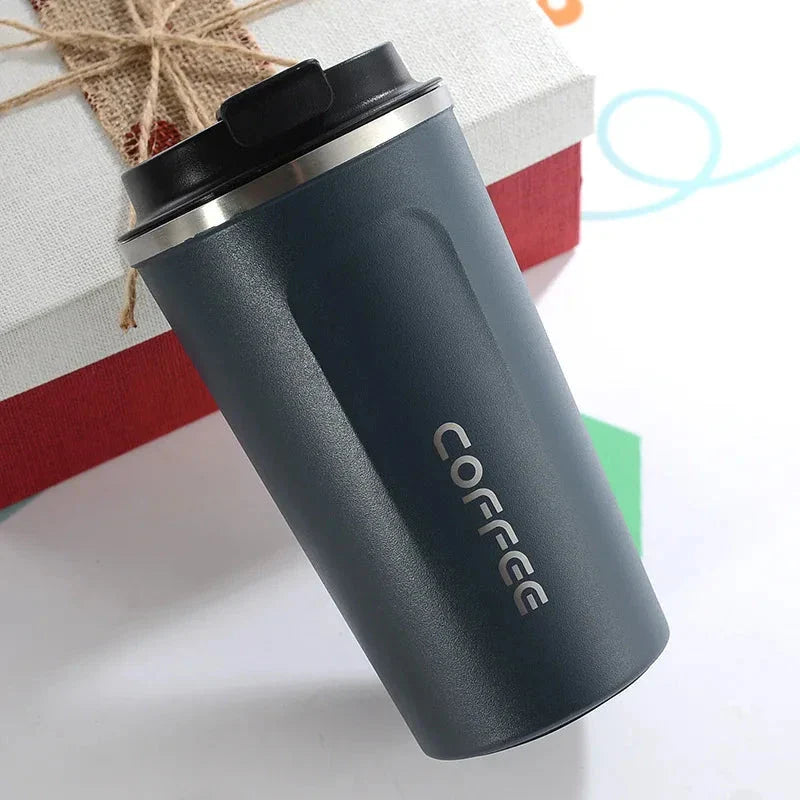 Stylish and durable stainless steel thermos mug with double-wall vacuum insulation, keeping drinks hot or cold for hours on end.